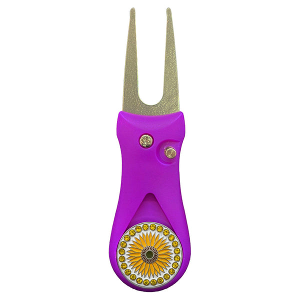 Giggle Golf Bling Sunflower Ball Marker On A Plastic, Purple, Divot Repair Tool