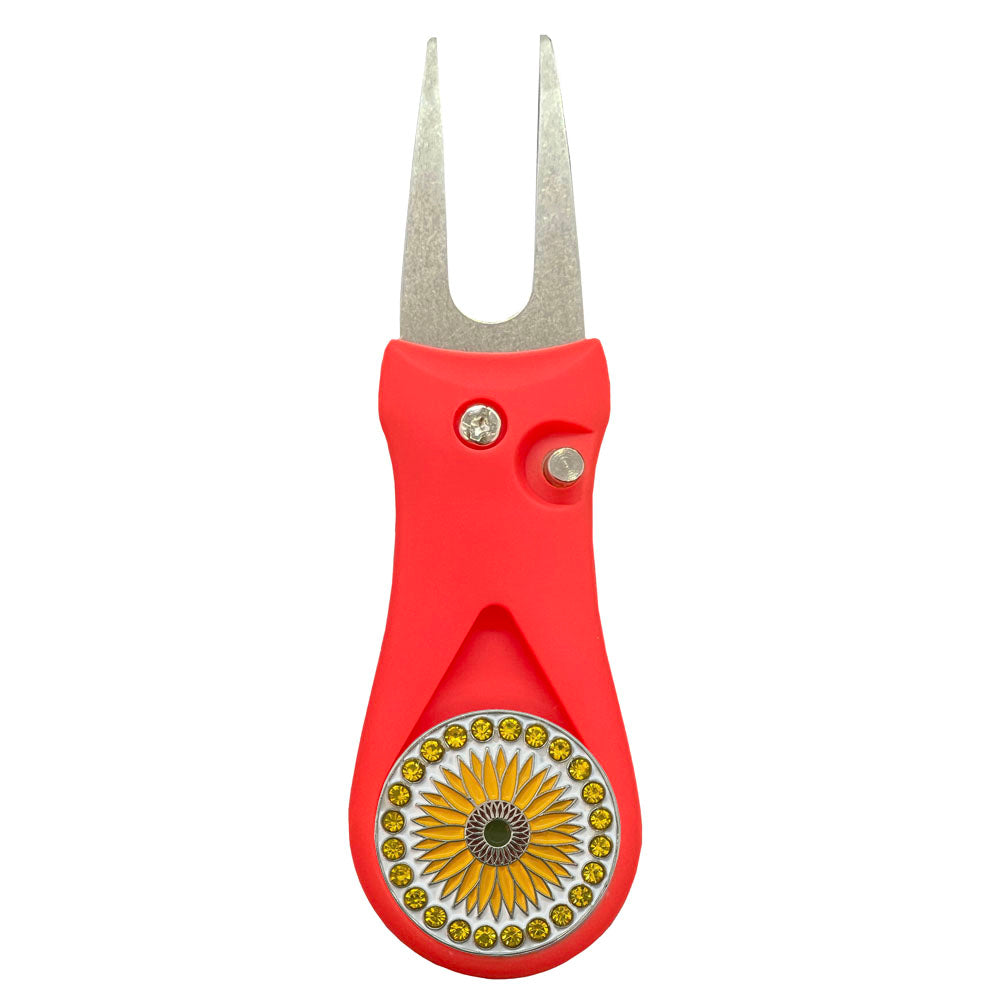 Giggle Golf Bling Sunflower Ball Marker On A Plastic, Red, Divot Repair Tool