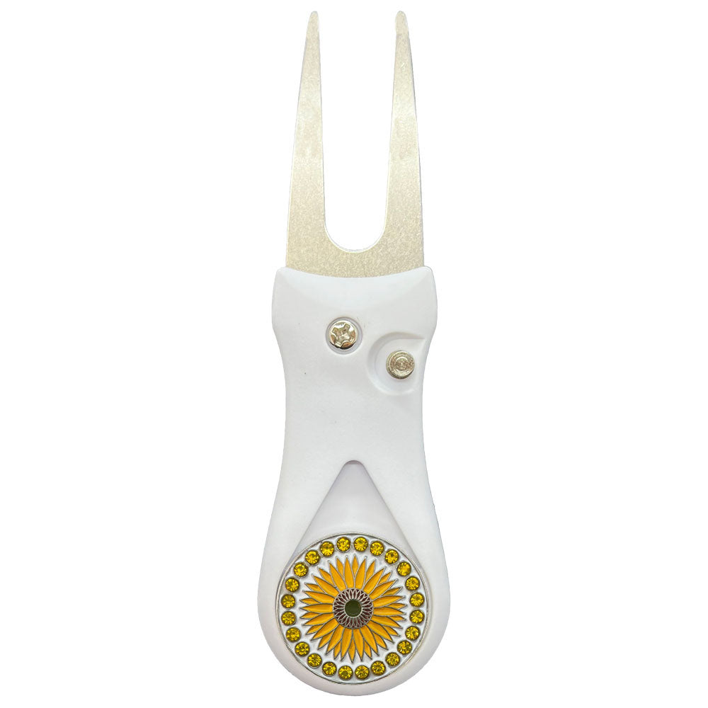 Giggle Golf Bling Sunflower Ball Marker On A Plastic, White, Divot Repair Tool