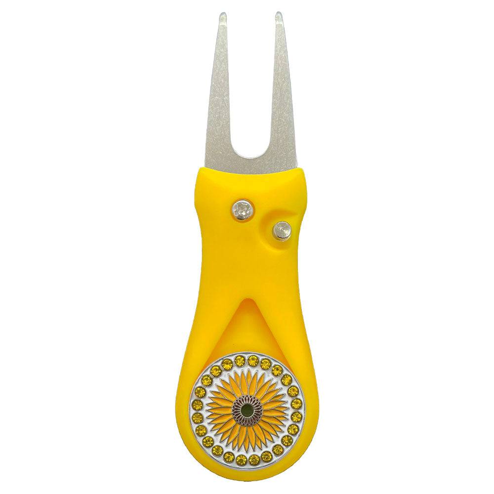 Giggle Golf Bling Sunflower Ball Marker On A Plastic, Yellow, Divot Repair Tool