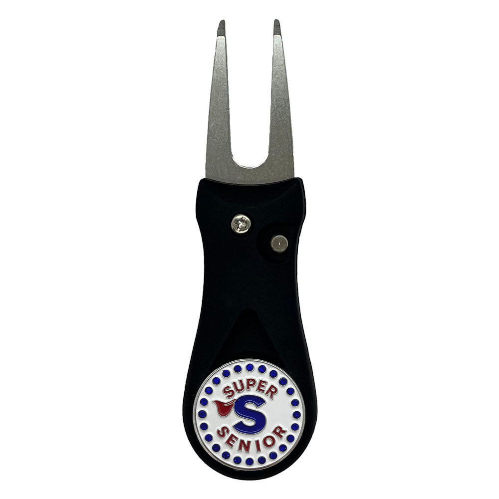 Black golf divot tool with 'Super Senior' ball marker on a white background