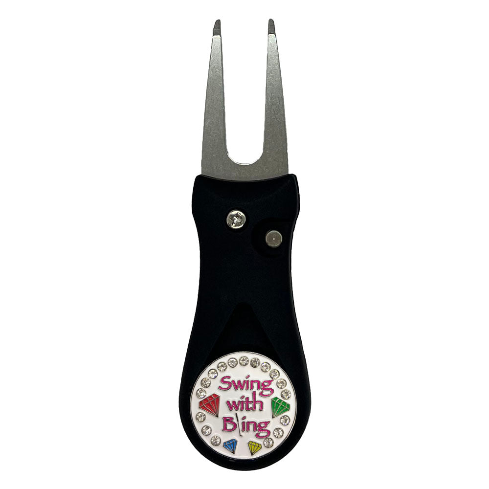 White marker with colorful diamonds and crystal accents on a black divot tool. Ideal for women who love to sparkle!