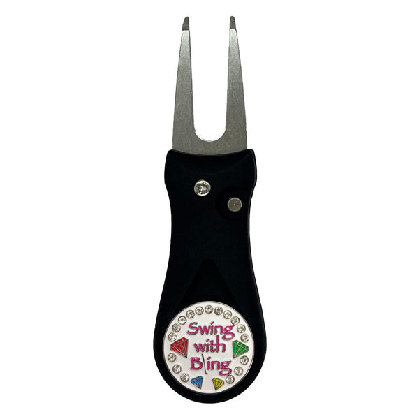 Giggle Golf Swing With Bling Ball Marker On A Plastic, Black, Divot Repair Tool
