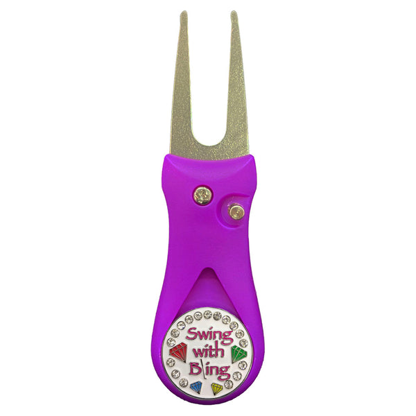 Giggle Golf Swing With Bling Ball Marker On A Plastic, Purple, Divot Repair Tool