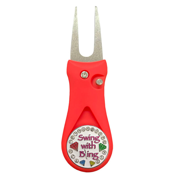 Giggle Golf Swing With Bling Ball Marker On A Plastic, Red, Divot Repair Tool