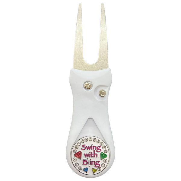 Giggle Golf Swing With Bling Ball Marker On A Plastic, White, Divot Repair Tool