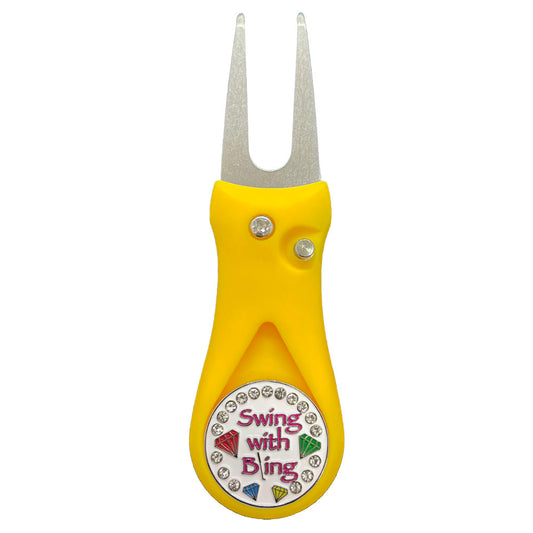 Giggle Golf Swing With Bling Ball Marker On A Plastic, Yellow, Divot Repair Tool