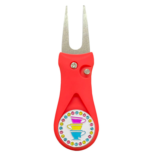 Giggle Golf Bling Teacups Ball Marker On A Plastic, Red, Divot Repair Tool