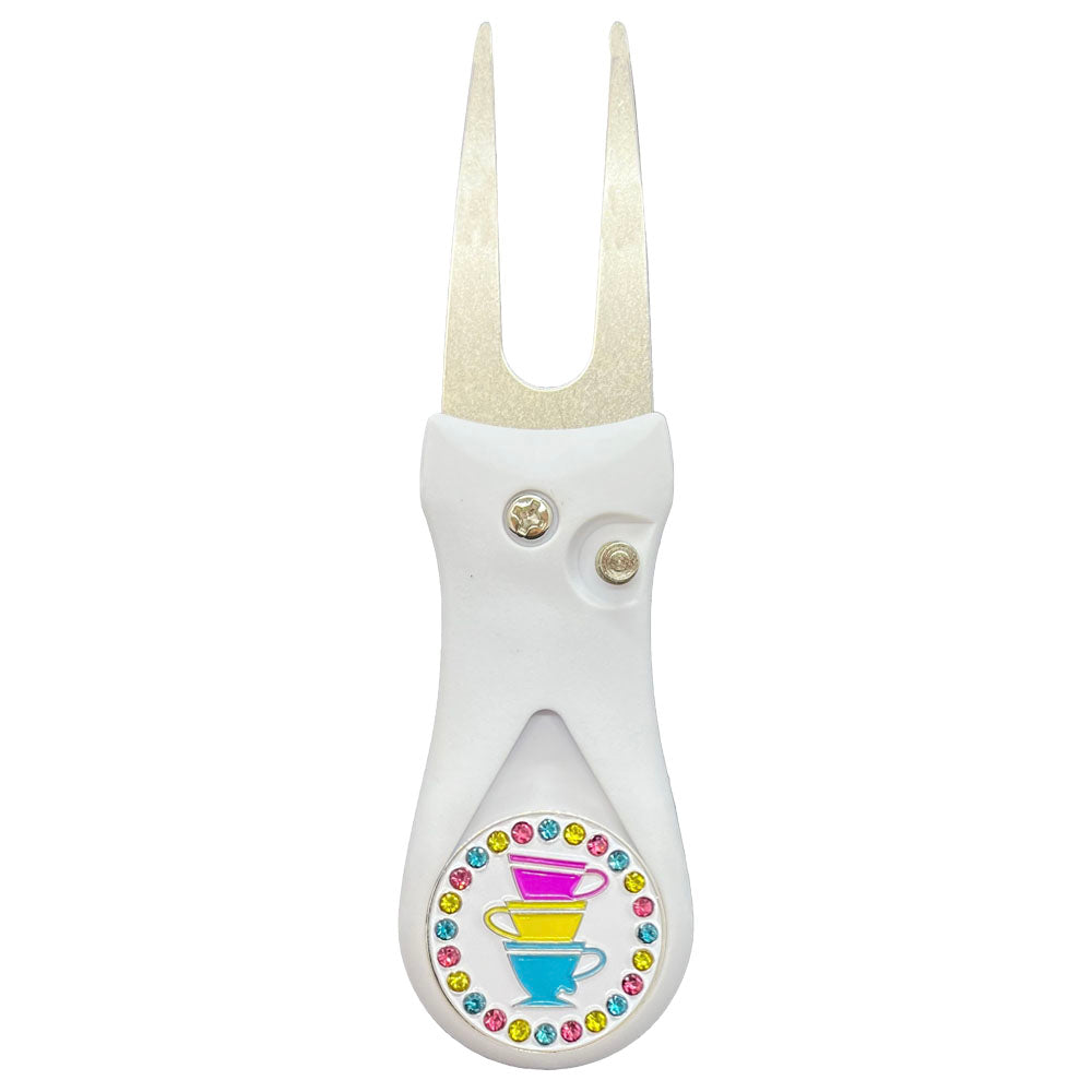 Giggle Golf Bling Teacups Ball Marker On A Plastic, White, Divot Repair Tool