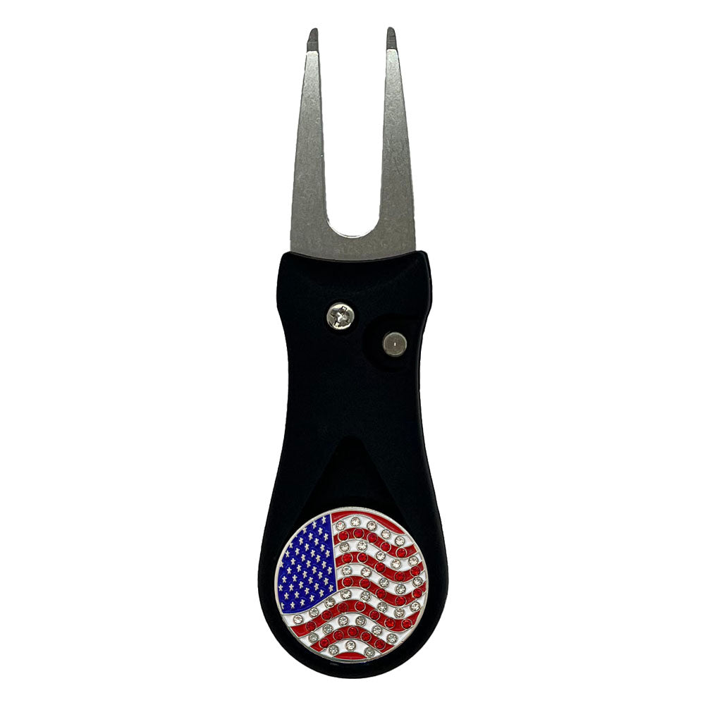 Giggle Golf Bling USA Flag Ball Marker On A Plastic, Black, Divot Repair Tool