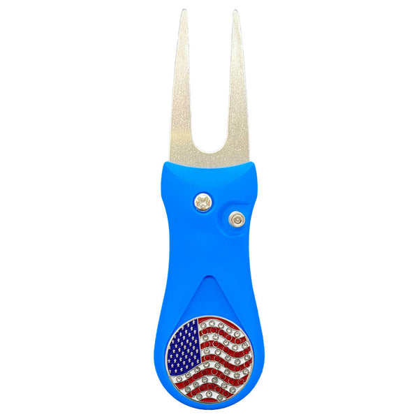 Giggle Golf Bling USA Flag Ball Marker On A Plastic, Blue, Divot Repair Tool