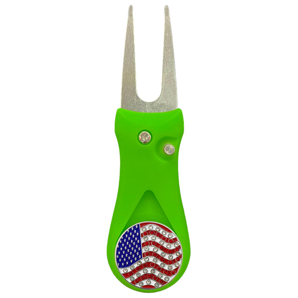 Giggle Golf Bling USA Flag Ball Marker On A Plastic, Green, Divot Repair Tool