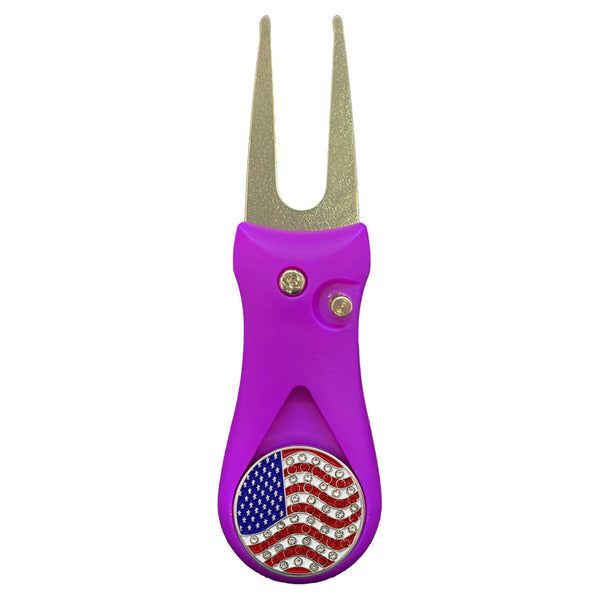 Giggle Golf Bling USA Flag Ball Marker On A Plastic, Purple, Divot Repair Tool