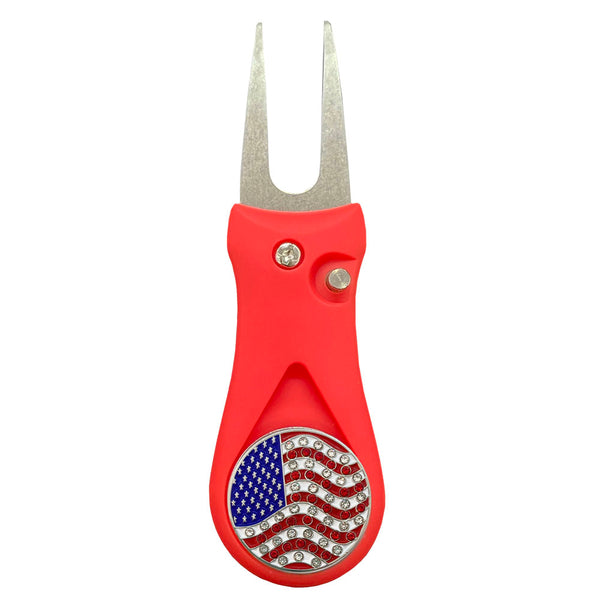 Giggle Golf Bling USA Flag Ball Marker On A Plastic, Red, Divot Repair Tool