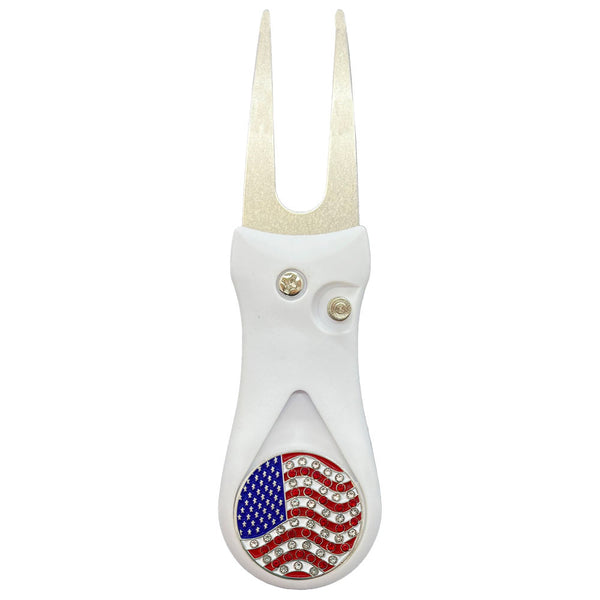 Giggle Golf Bling USA Flag Ball Marker On A Plastic, White, Divot Repair Tool