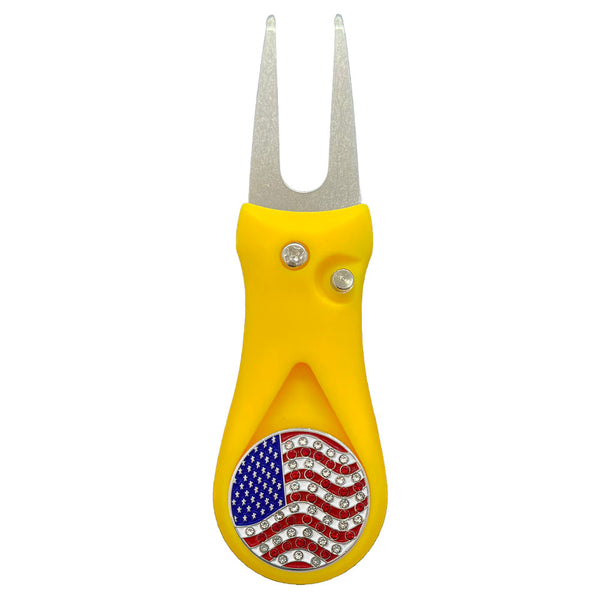 Giggle Golf Bling USA Flag Ball Marker On A Plastic, Yellow, Divot Repair Tool