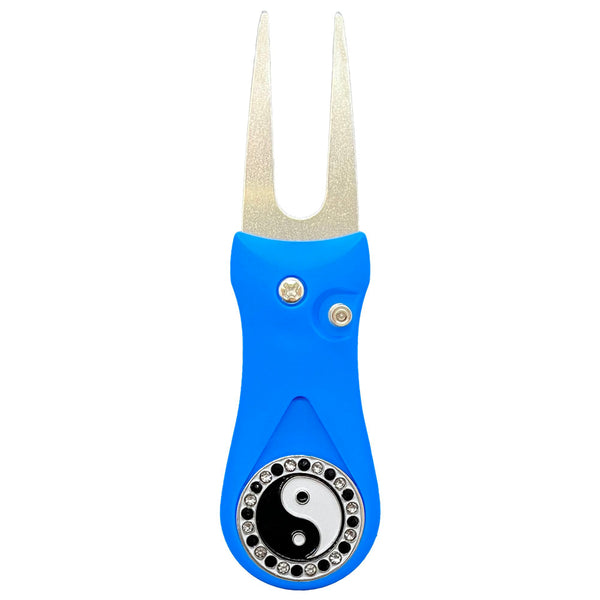 Giggle Golf Bling Yin Yang Ball Marker On A Plastic, Blue, Divot Repair Tool