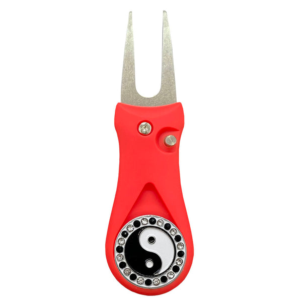 Giggle Golf Bling Yin Yang Ball Marker On A Plastic, Red, Divot Repair Tool