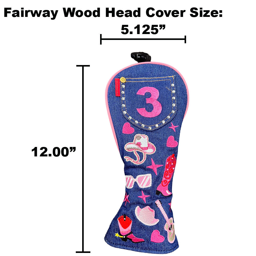 Denim cowgirl themed fairway wood head cover with measurements on a white background