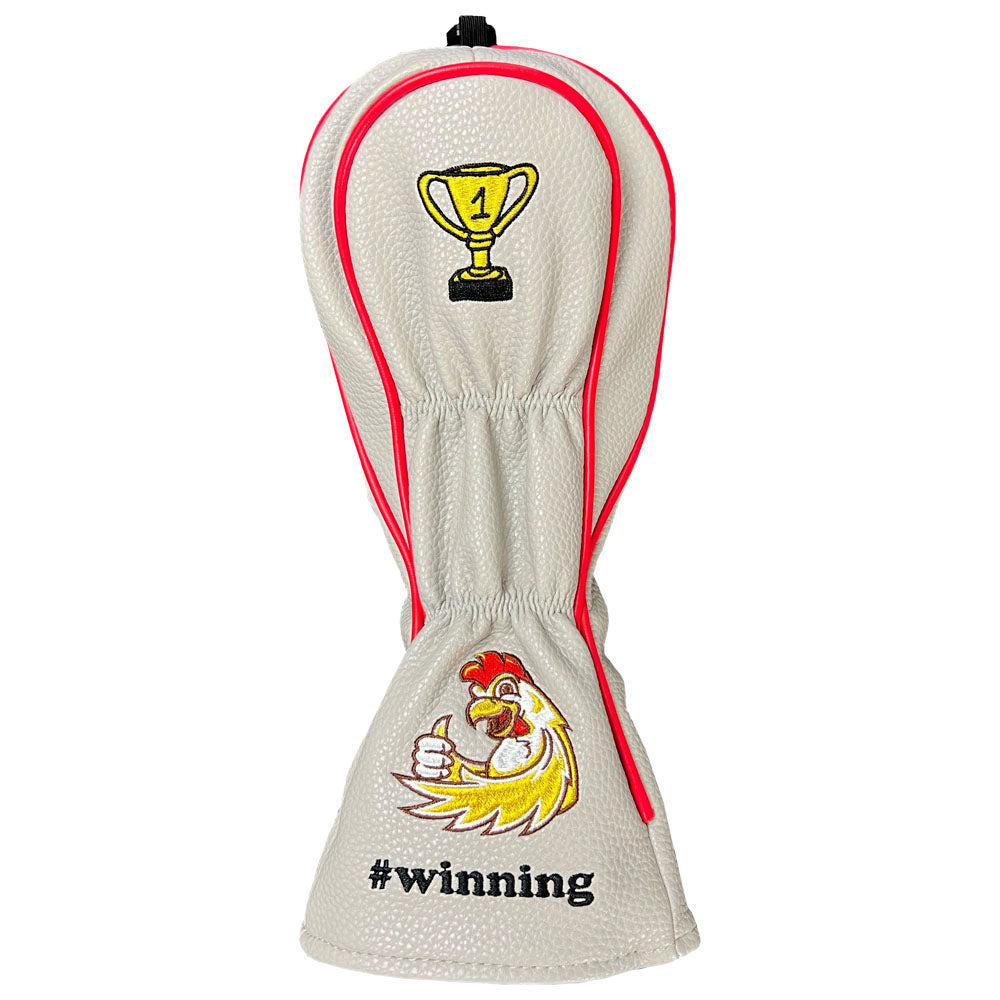 Golf club head cover with chicken and trophy design on the backside on a white background