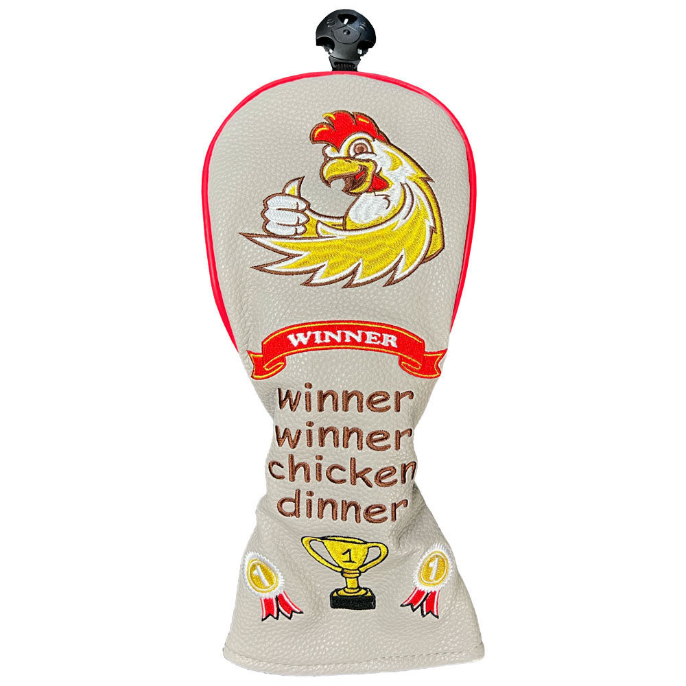Golf club fairway wood head cover with chicken design and text on a white background