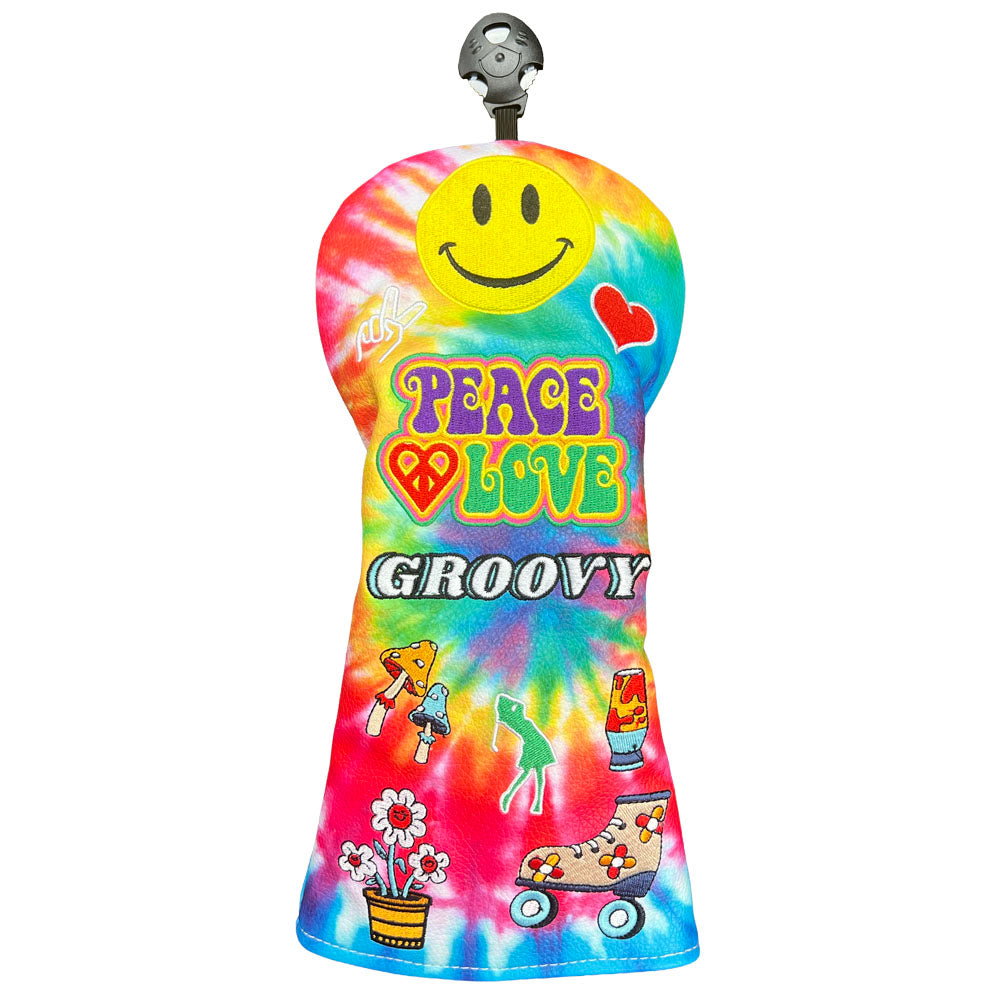 Groovy Tie-Dye women’s fairway head cover with smiley face, peace sign, flowers and retro embroidered design