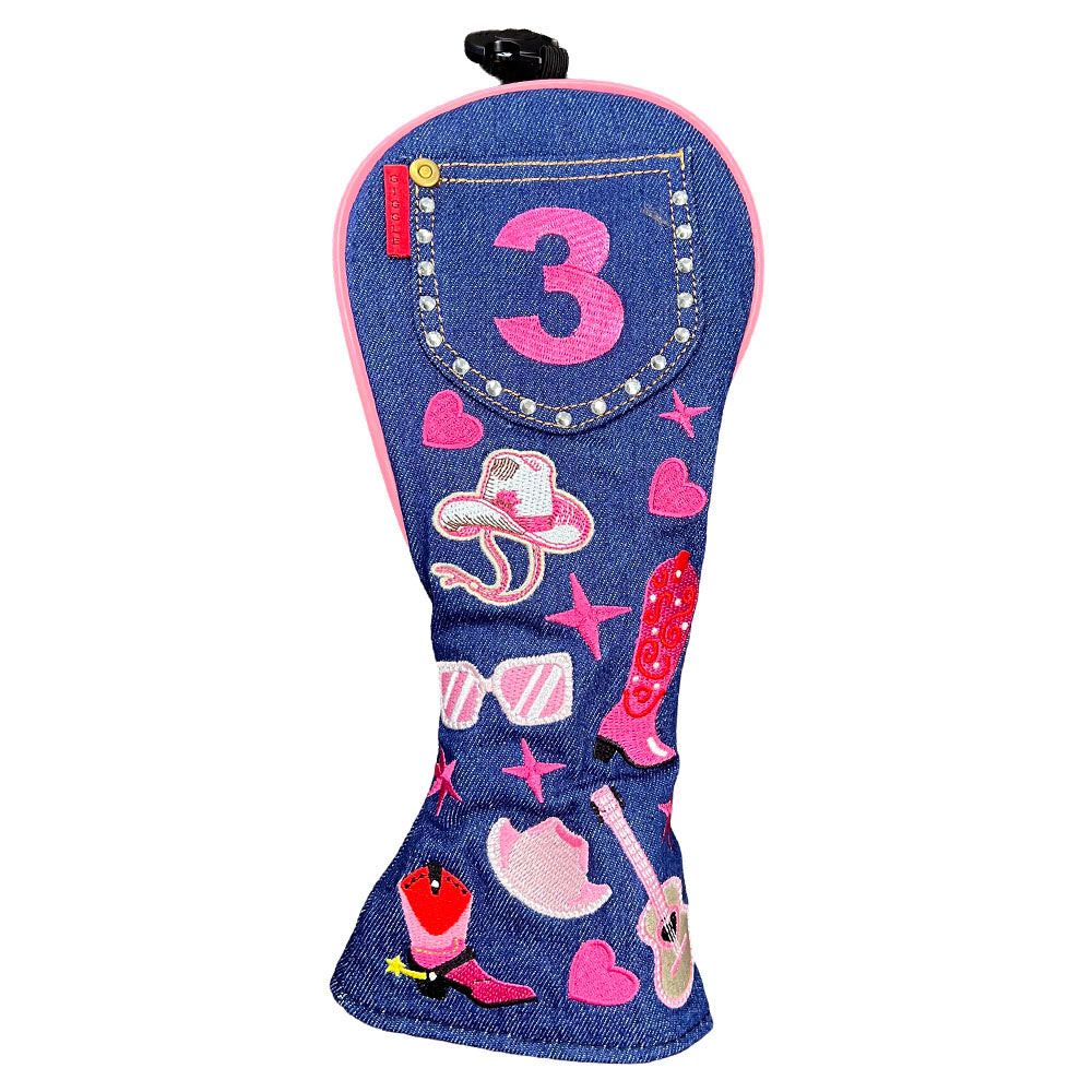 Western women’s fairway head cover with denim-inspired design, pink cowgirl boots, hat, guitar and rhinestone pocket on a white background