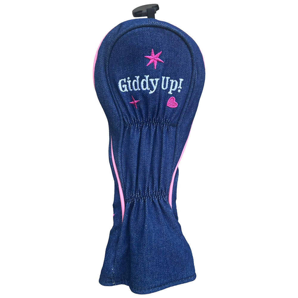 Blue denim fairway wood golf club head cover with pink accents and 'Giddy Up!' text on a white background