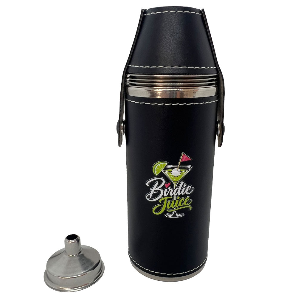 Black 8oz Birdie Juice golf flask set with cocktail print, buttoned leatherette cover, and stainless steel funnel.