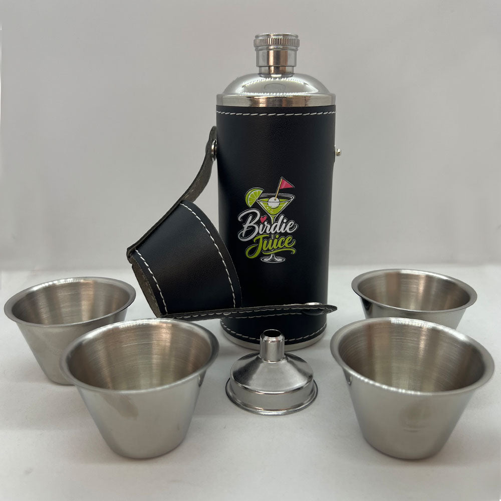 Birdie Juice cocktail golf flask set with 4 stainless steel shot glasses, mini funnel, and unbuttoned black leather cover.
