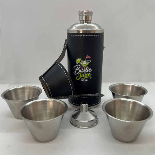 Birdie Juice cocktail golf flask set with 4 stainless steel shot glasses, mini funnel, and unbuttoned black leather cover.