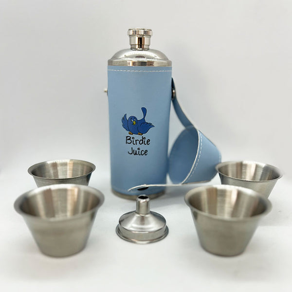 Birdie Juice 8 oz Light Blue Flask With Shot Glasses