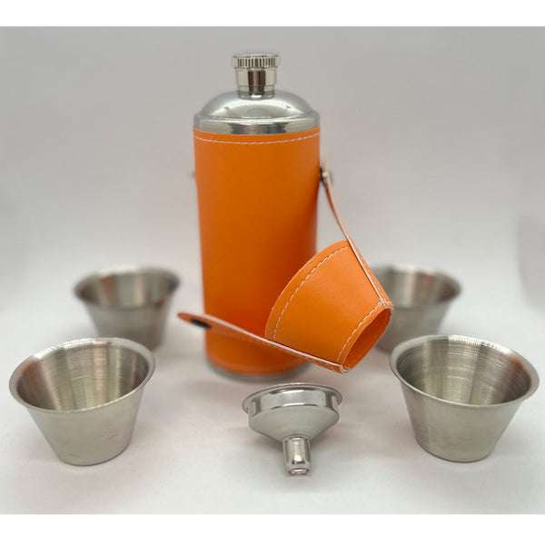 Giggle Golf 8 oz Orange Flask With 4 Shot Glasses And 1 Funnel