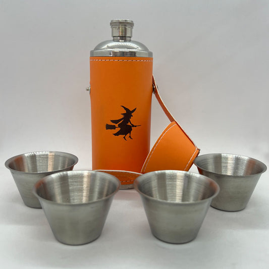 Giggle Golf Witch 8 oz Orange Flask With 4 Metal Shot Glasses