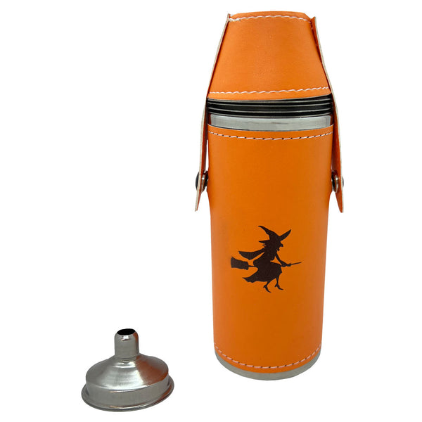 Giggle Golf 8 oz Orange Flask With 4 Shot Glasses - Witch Riding Her Broomstick