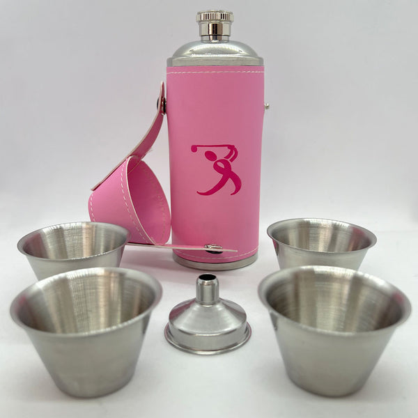 Giggle Golf Breast Cancer Awareness Pink Flask With Shot Glasses