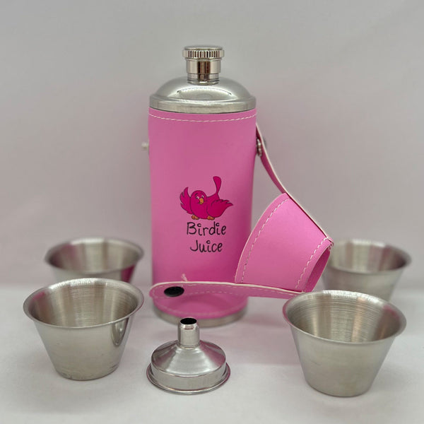 Birdie Juice 8 oz Pink Flask With Shot Glasses