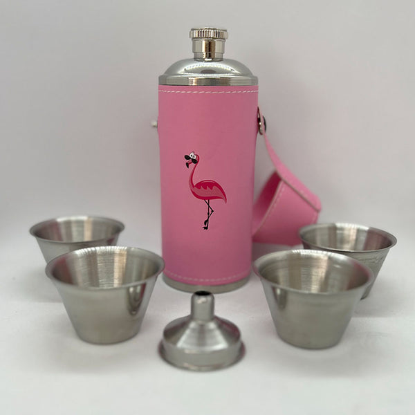 Pink Flamingo 8 oz Flask With 4 shot glasses