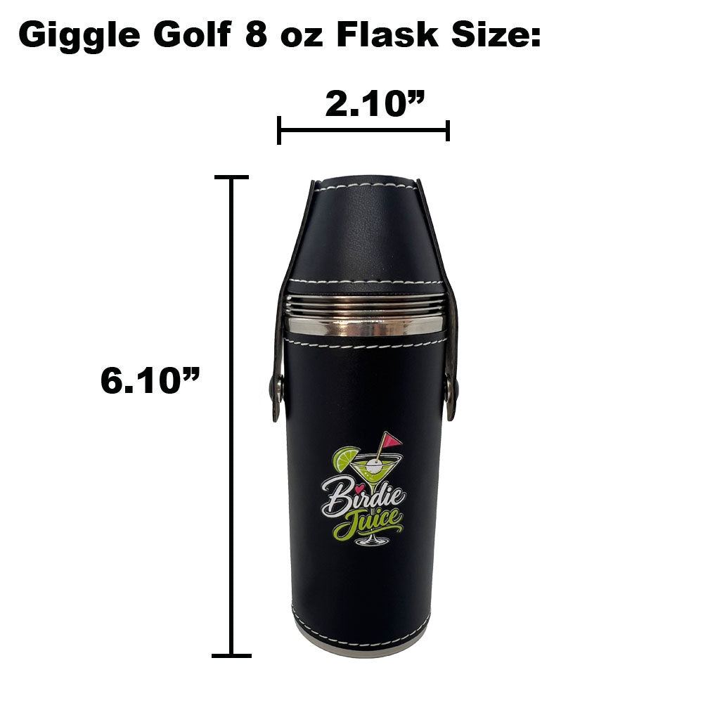 Black 8oz Birdie Juice golf flask set with cocktail print, buttoned leatherette cover, and stainless steel funnel.