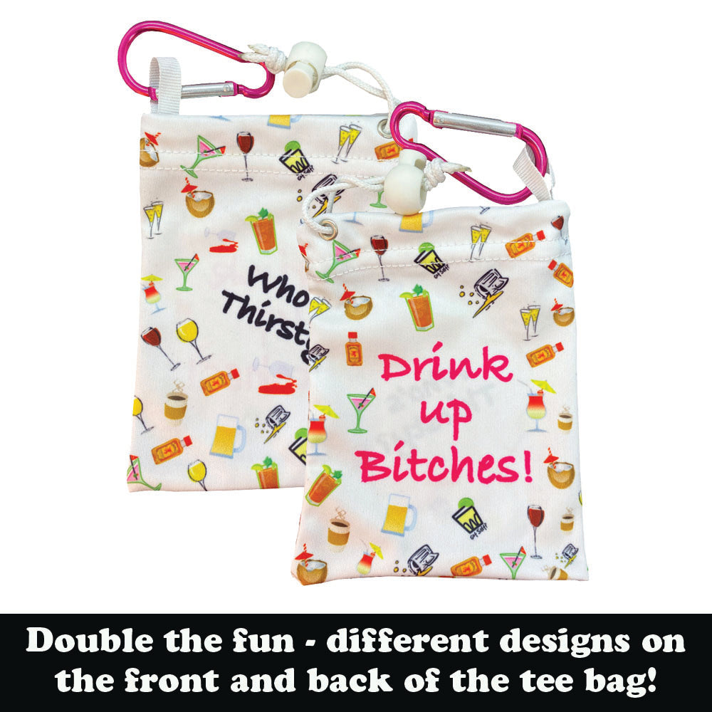 Tee bag with drink-themed designs (different front and back) and carabiner on a white background