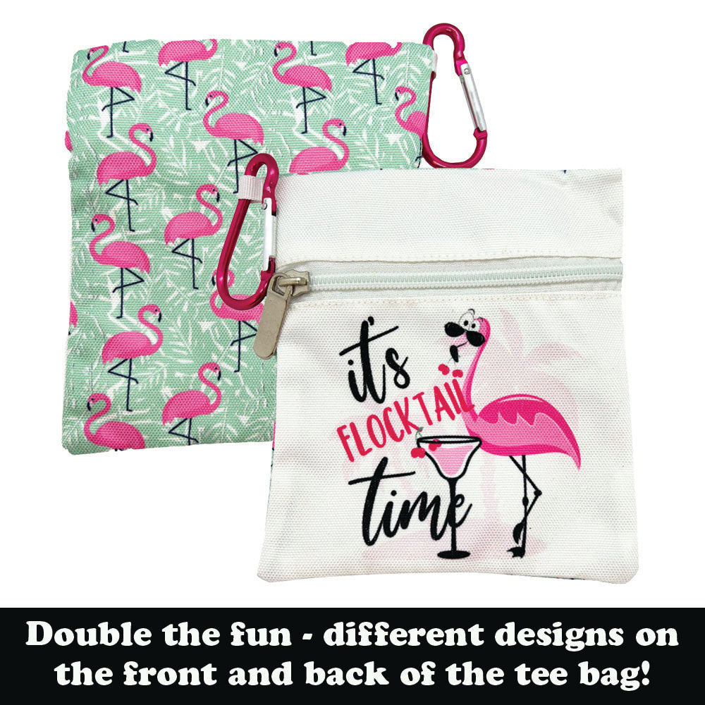 Font & back of flamingo design pouch, one with a flamingo pattern and the other with 'it's flocktail time' text.