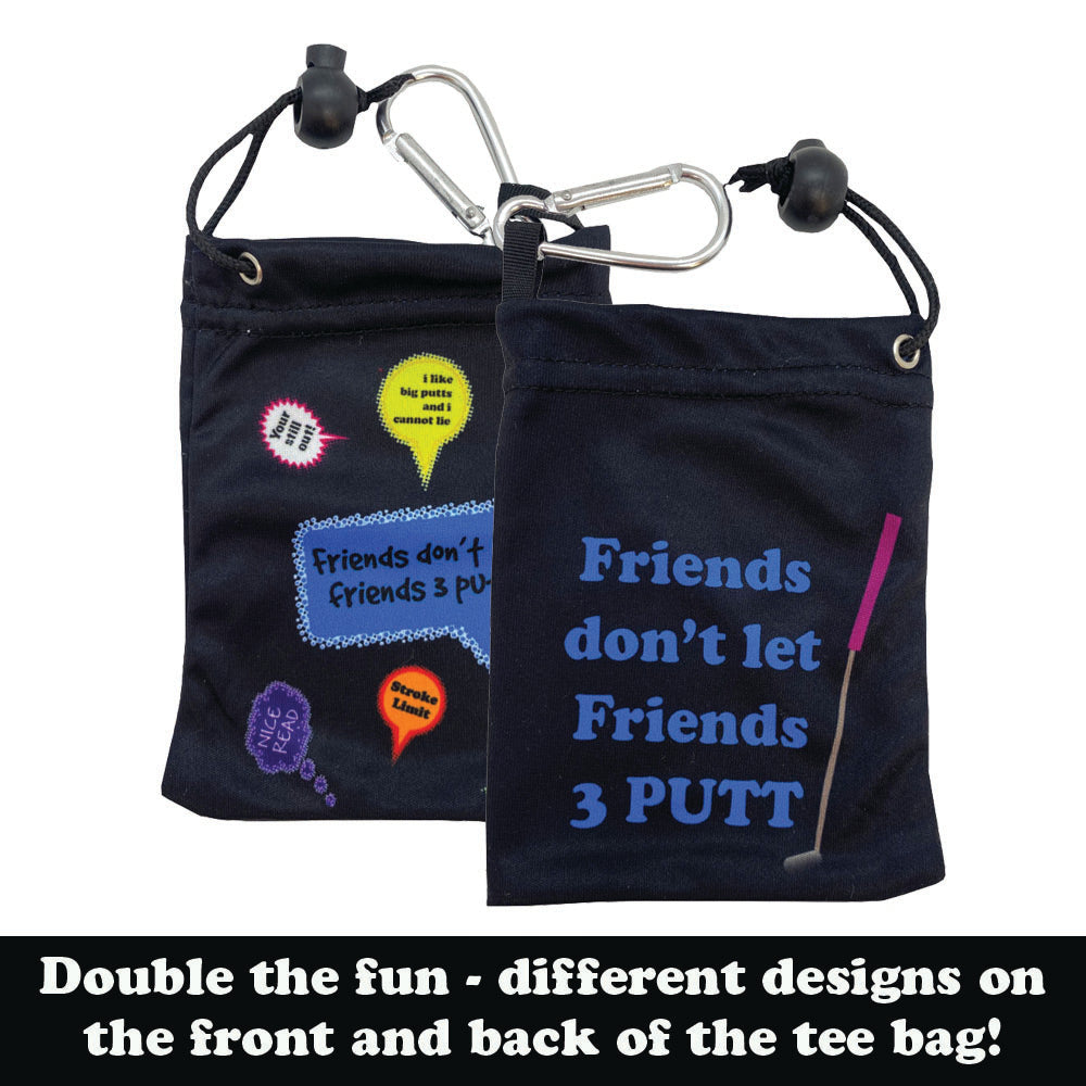 front and back side of funny black tee bag on white background with text