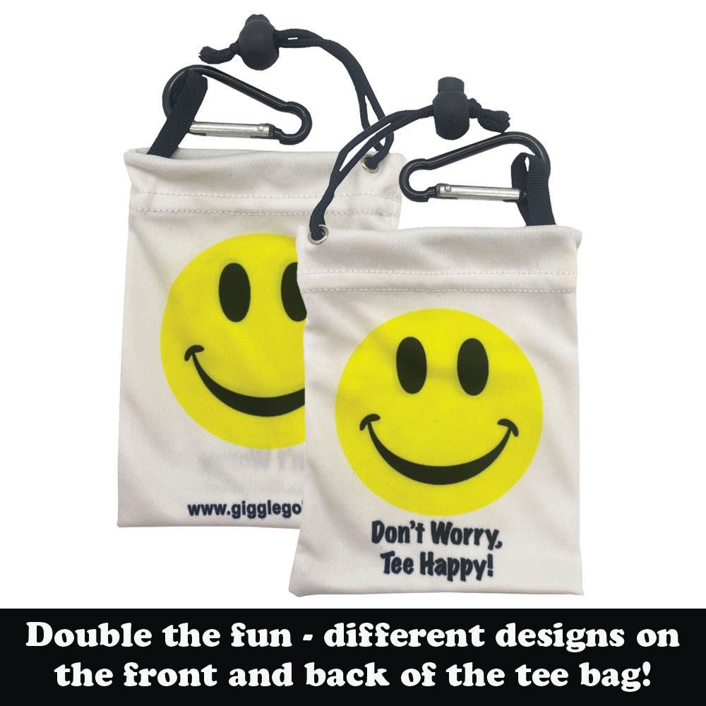Front and back white bags with smiley face designs and carabiners on a white background
