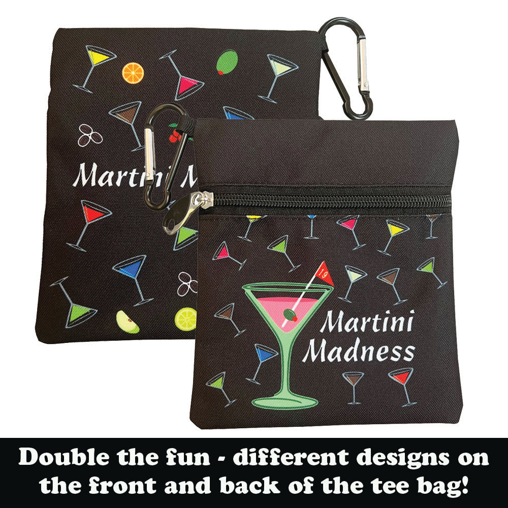 Black pouch with martini glass design and 'Martini Madness' text, featuring a carabiner.