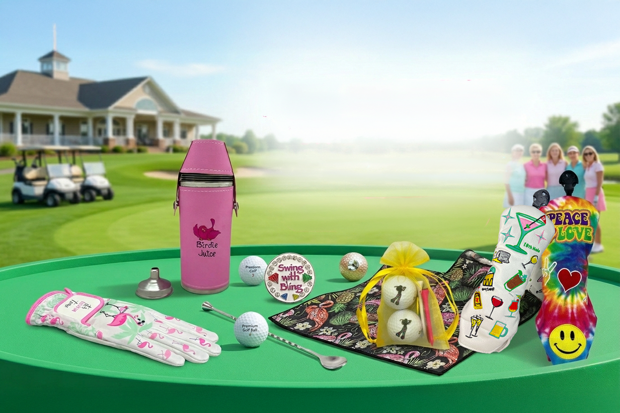 Vibrant women's golf tournament accessories, including flasks, gloves, ball markers, and headcovers, curated on a golf course scene - Giggle Golf.