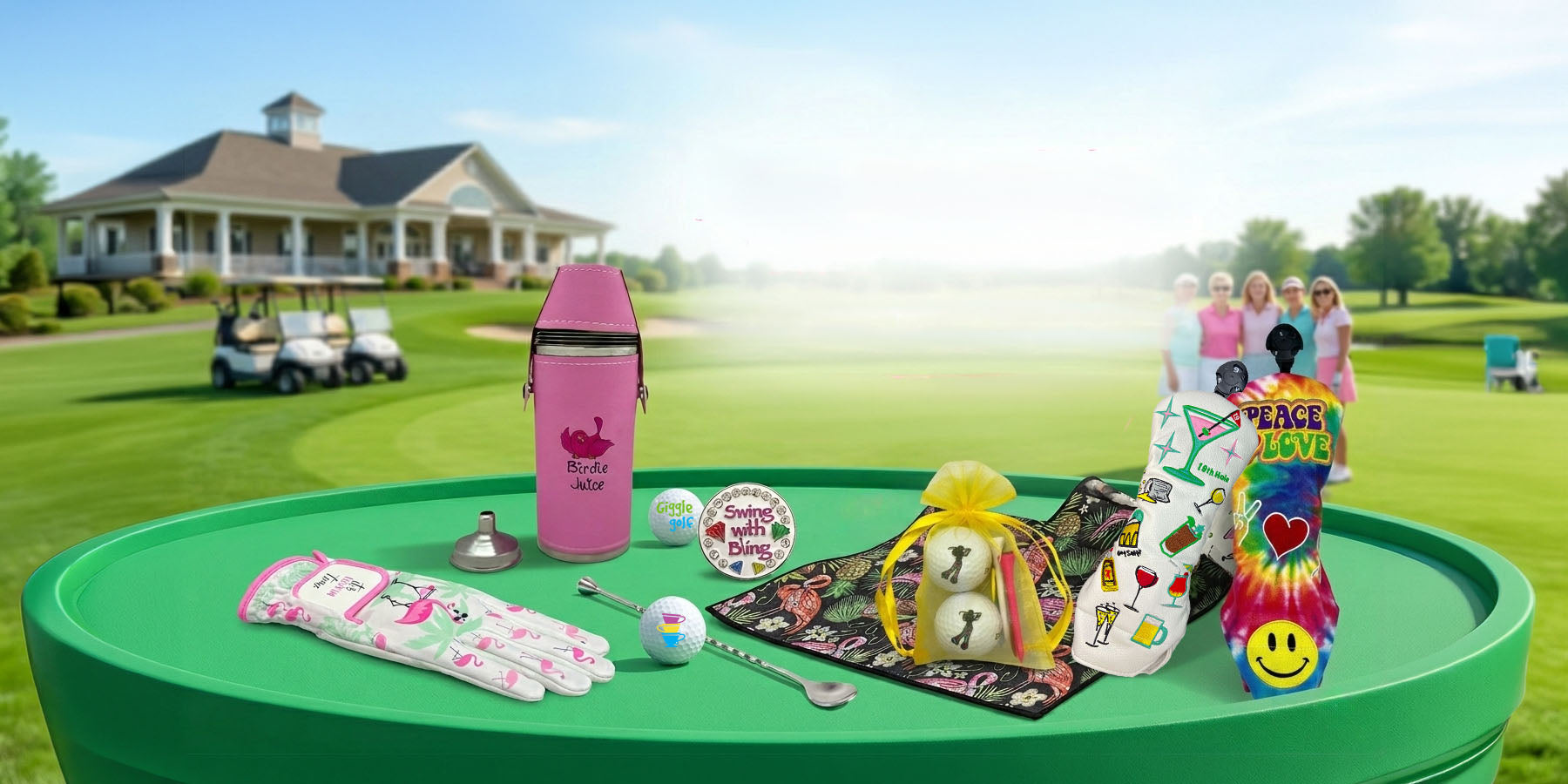 Vibrant women's golf tournament accessories, including flasks, gloves, ball markers, and headcovers, curated on a golf course scene - Giggle Golf.