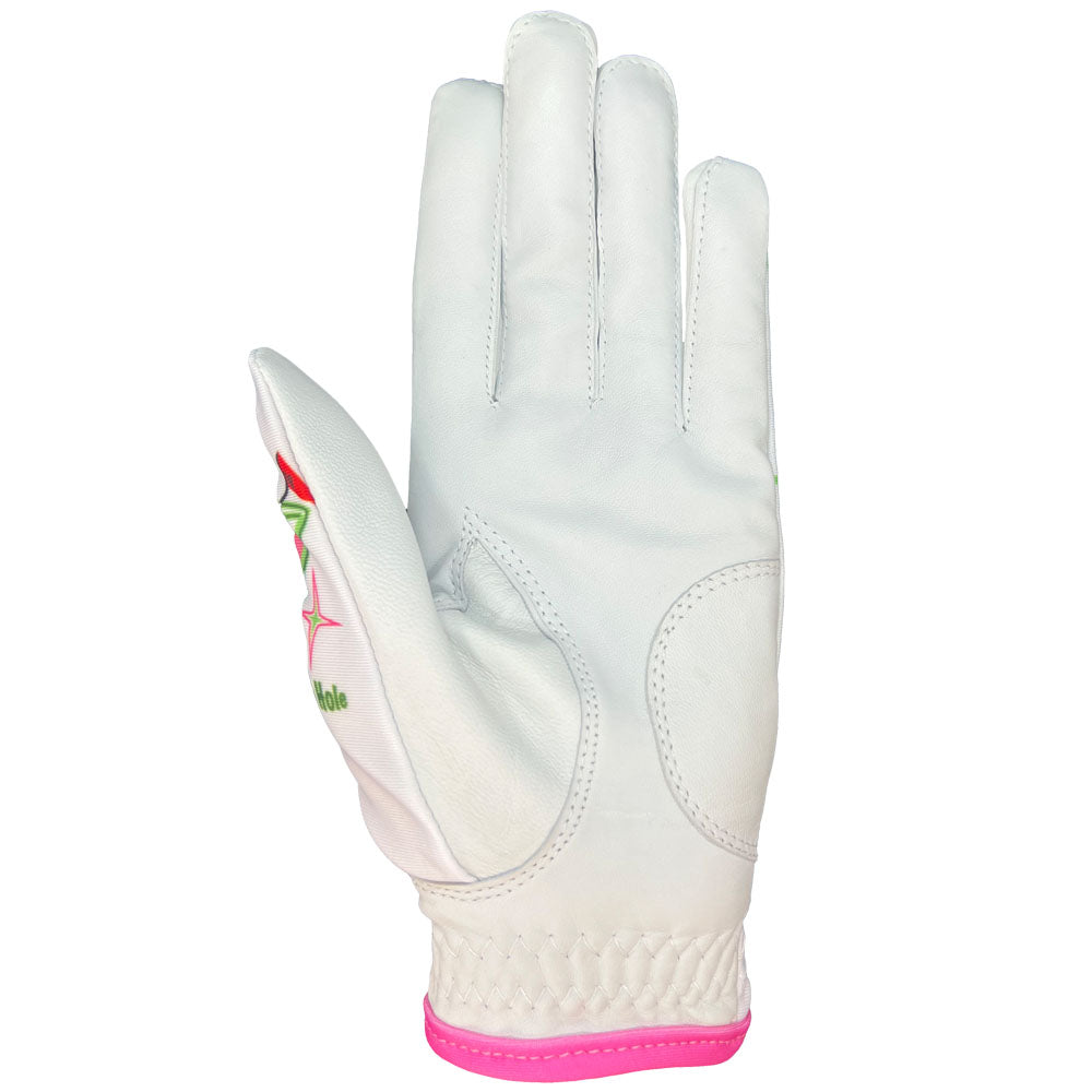 19th hole women's golf glove, worn on left hand. White golf glove with pink accents on a white background