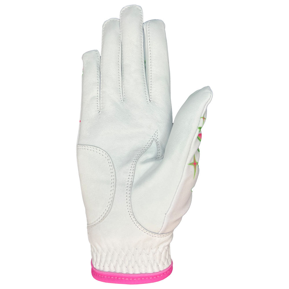 19th hole women's golf glove, worn on right hand. White golf glove with pink accents on a white background
