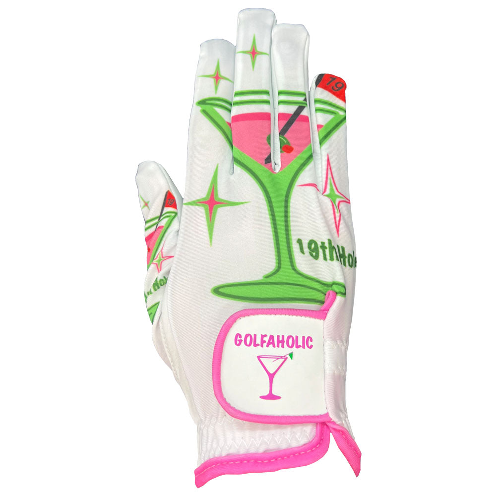 Women's golf glove with colorful martini design and 'Golfholic' text on a white background. Worn on right hand glove.