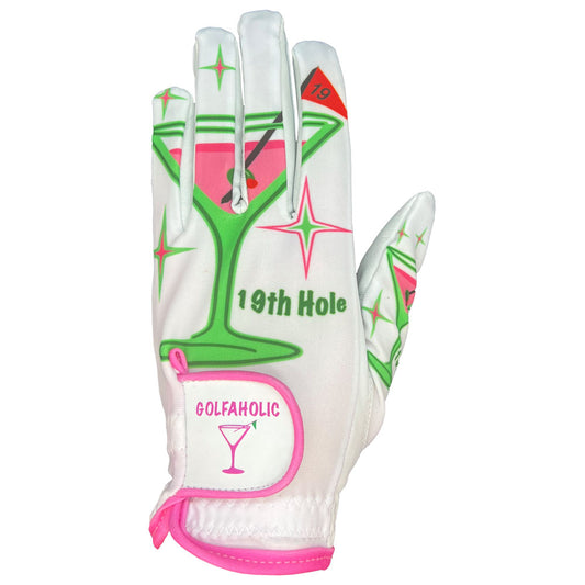 White glove features pink and green martini and green 19th hole. Golfaholic on the strap. Cheers to everyone's favorite hole